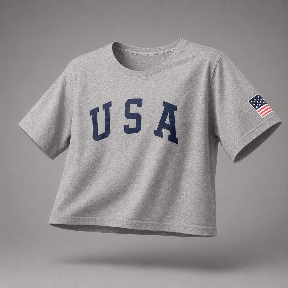 USA Graphic Crop Top Heatherβ Gray Cotton Short Sleeve American Flag Patch Tee